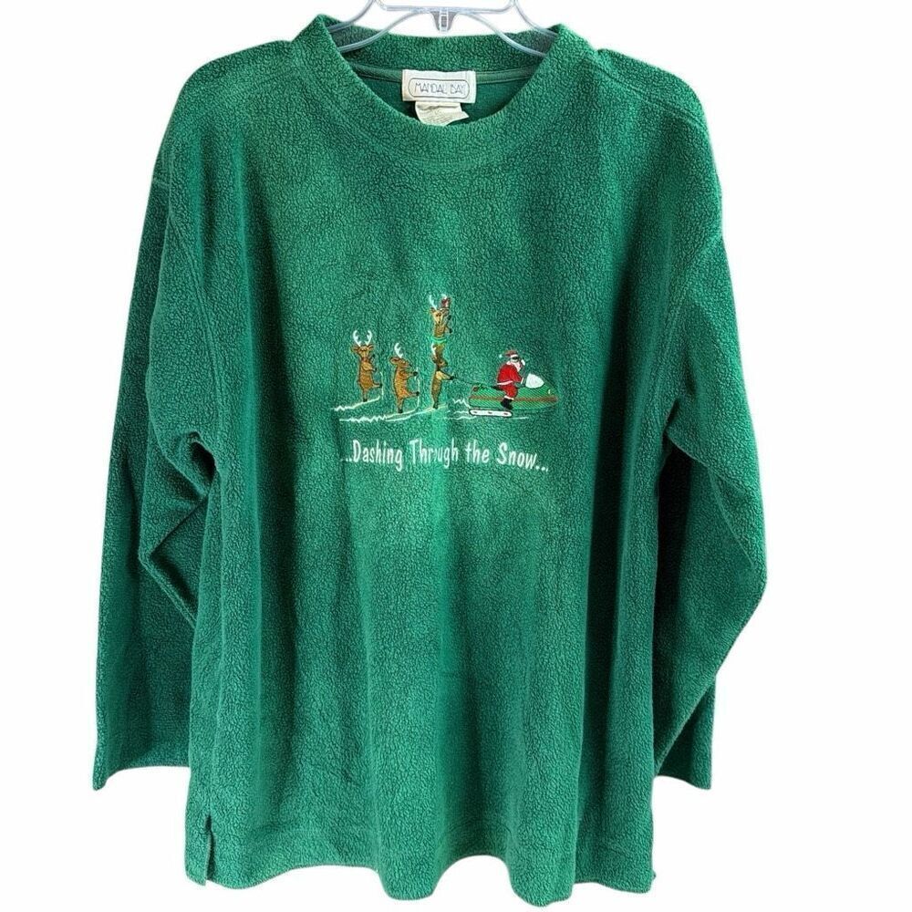 MANDAL BAY Women’s Vintage Fleece Pullover Sweatshirt Size Large Green Santa